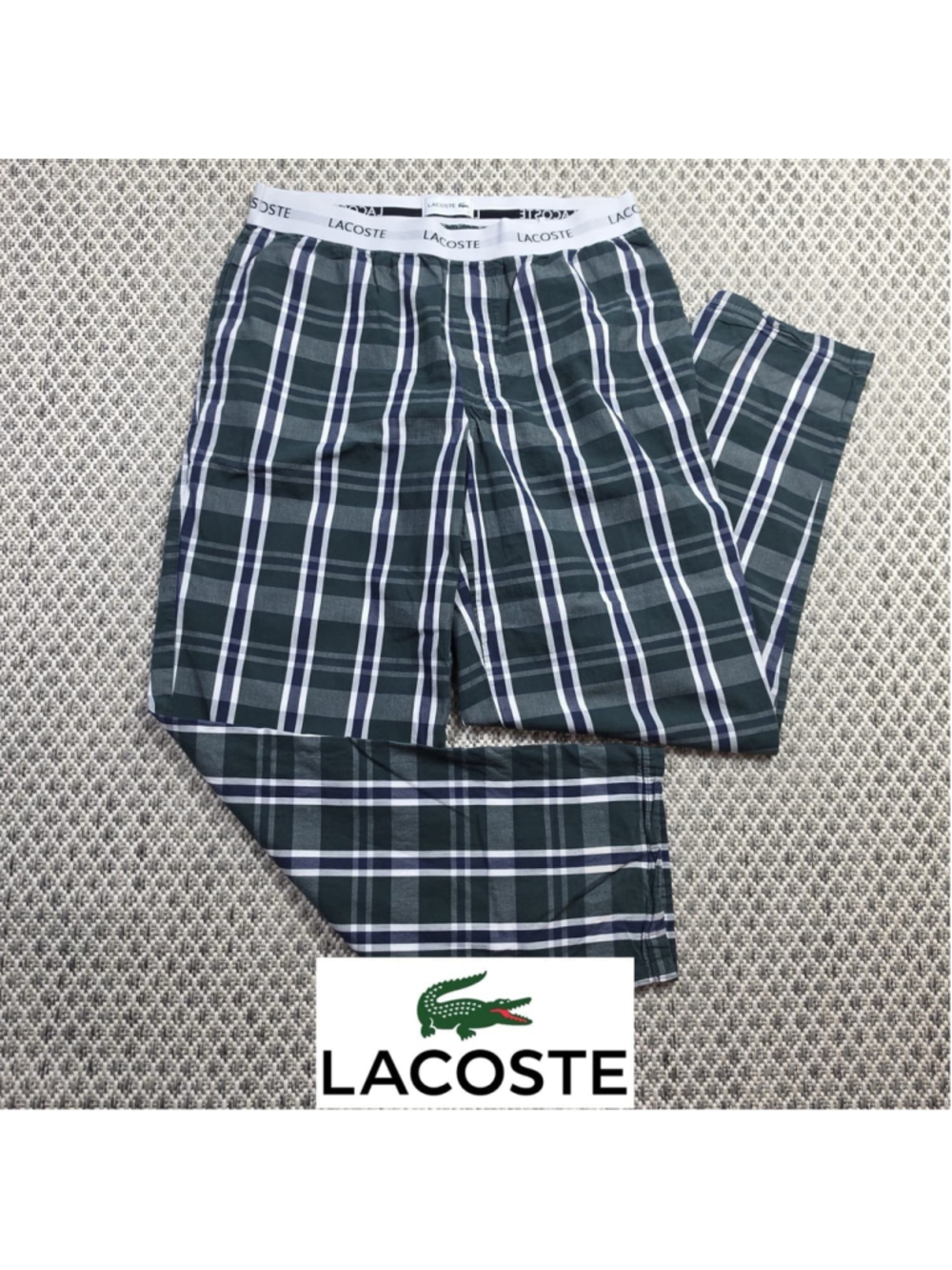 Lacoste Mens M Plaid Pajama Pants Lounge Sleepwear Logo Waistband Gray Navy